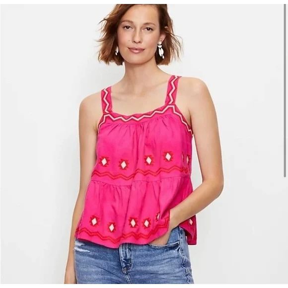 LOFT | Hot Pink Colorful Bohemian Embroidered Sleeveless Tank Tiered‎ Blouse, S - Picture 1 of 11